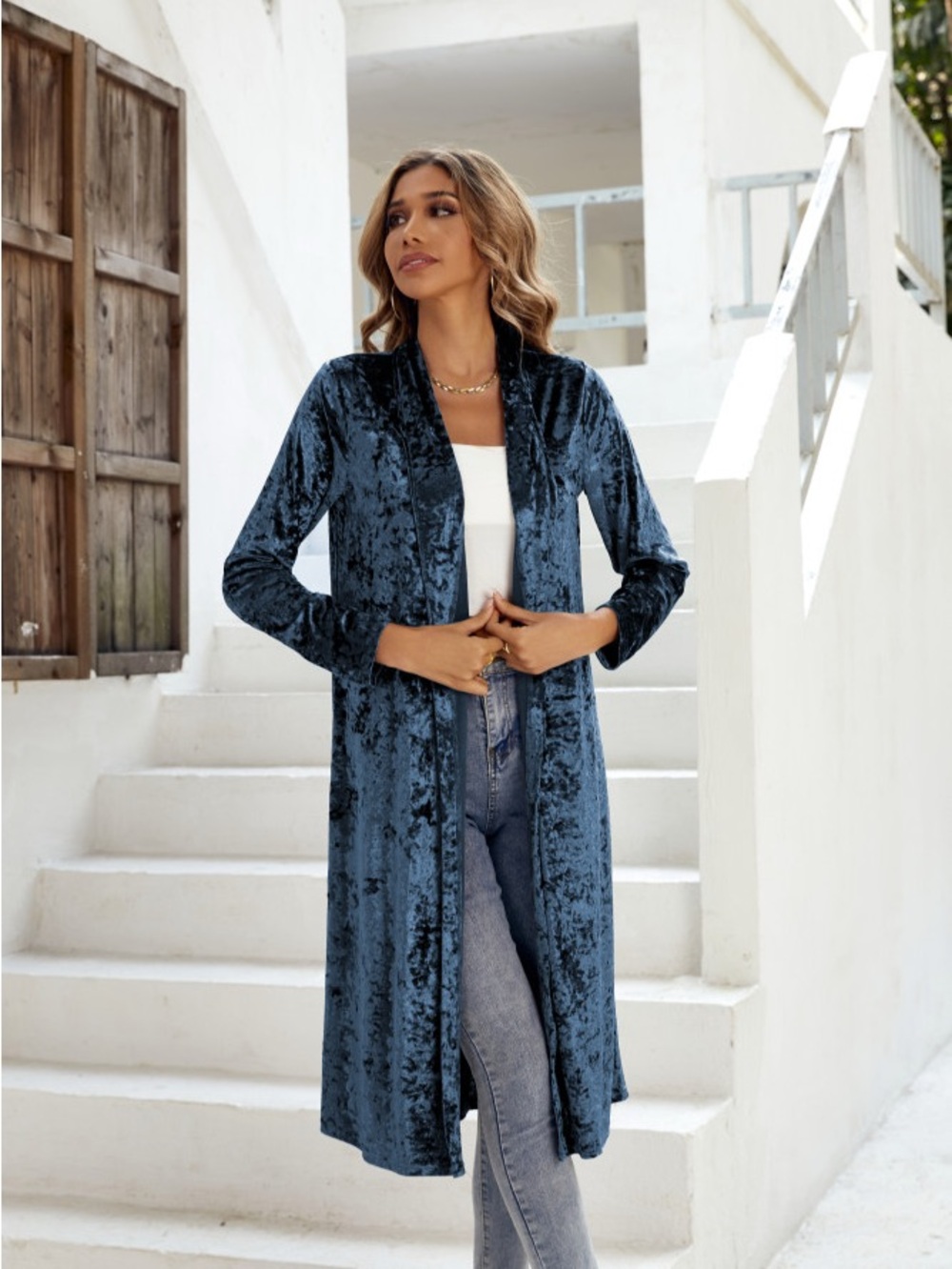 Blakeley Blue Gray Crushed Velvet Maxi Duster Cardigan L/XL
